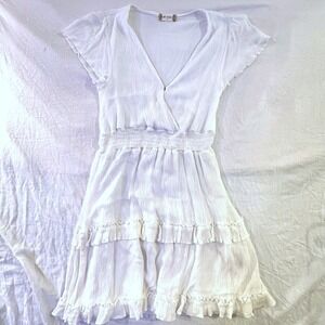 Altar'd State White Crinkle Gauze Ruffle Tiered Mini Dress Smocked Waist Small